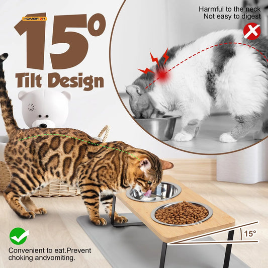Elevated Cat Bowl Pet Feeder 15° Tilted Raised Cat Food Bowl with Wooden Base Includes 2 Stainless Steel Bowls Suitable for Cats
