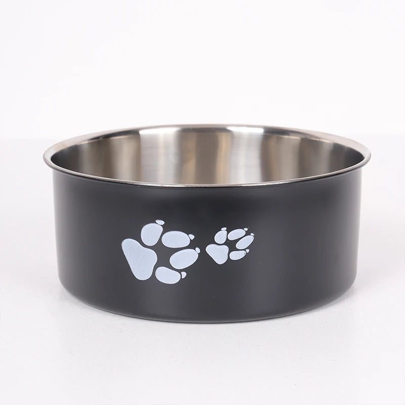 A cartoon-patterned pet bowl, easy to clean, made of stainless steel, suitable for both outdoor and indoor pet owners.