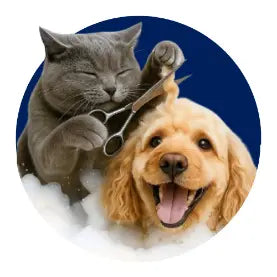 A circular graphic showing a gray cat and a golden dog with a pair of pet grooming scissors, with the cat cutting the dog's fur. The animals are surrounded by white foam against a dark blue circular background.