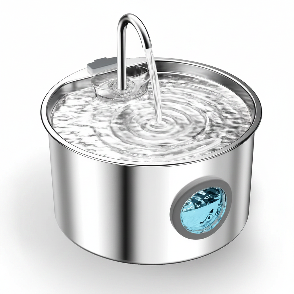 Stainless steel cat water fountain with dual water streams and blue window