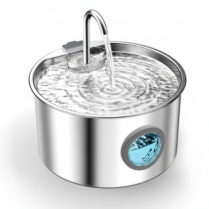 Stainless steel cat water fountain with dual water streams and blue window