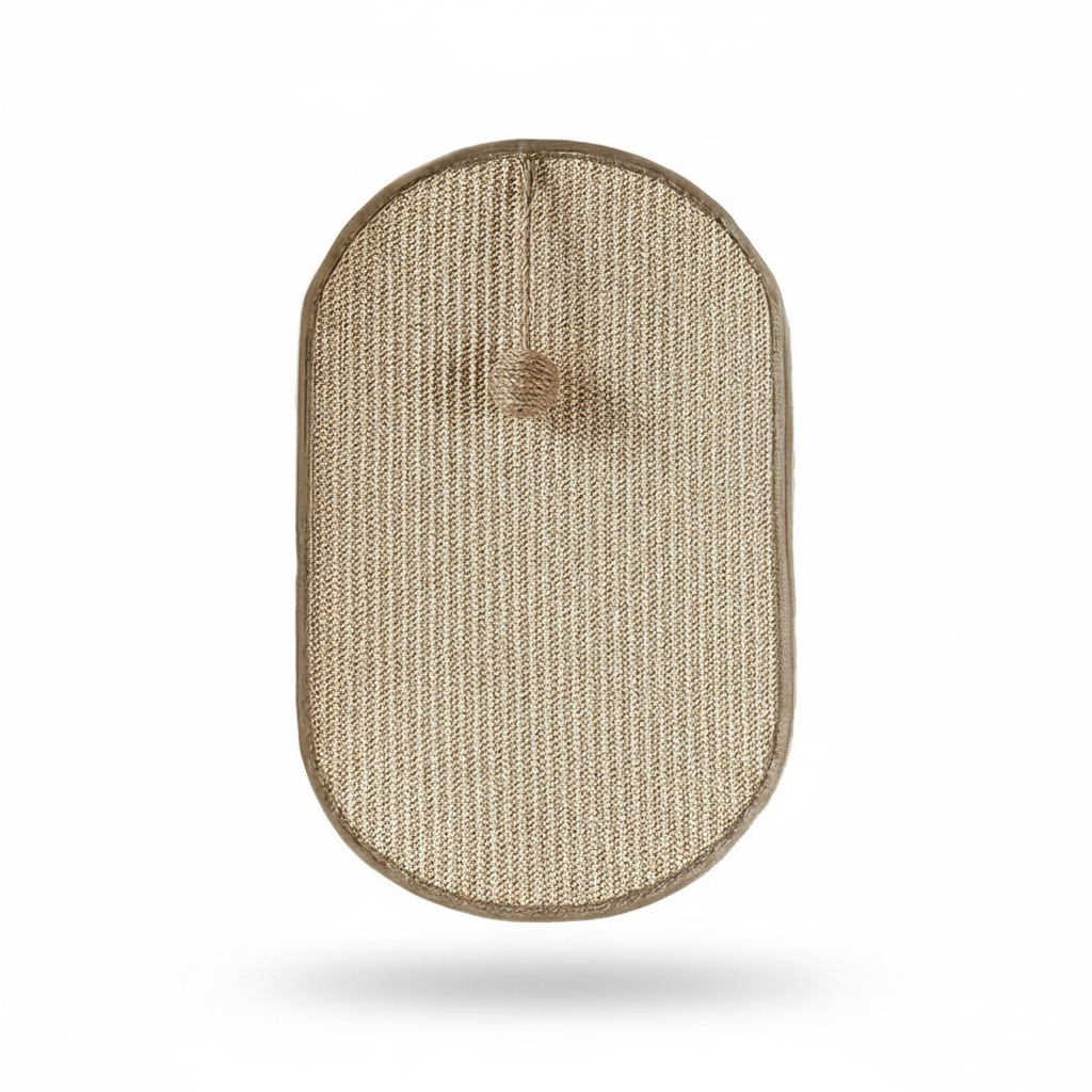 Beige oval wall-mounted sisal cat scratcher with hanging toy