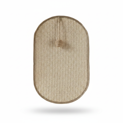 Beige oval wall-mounted sisal cat scratcher with hanging toy
