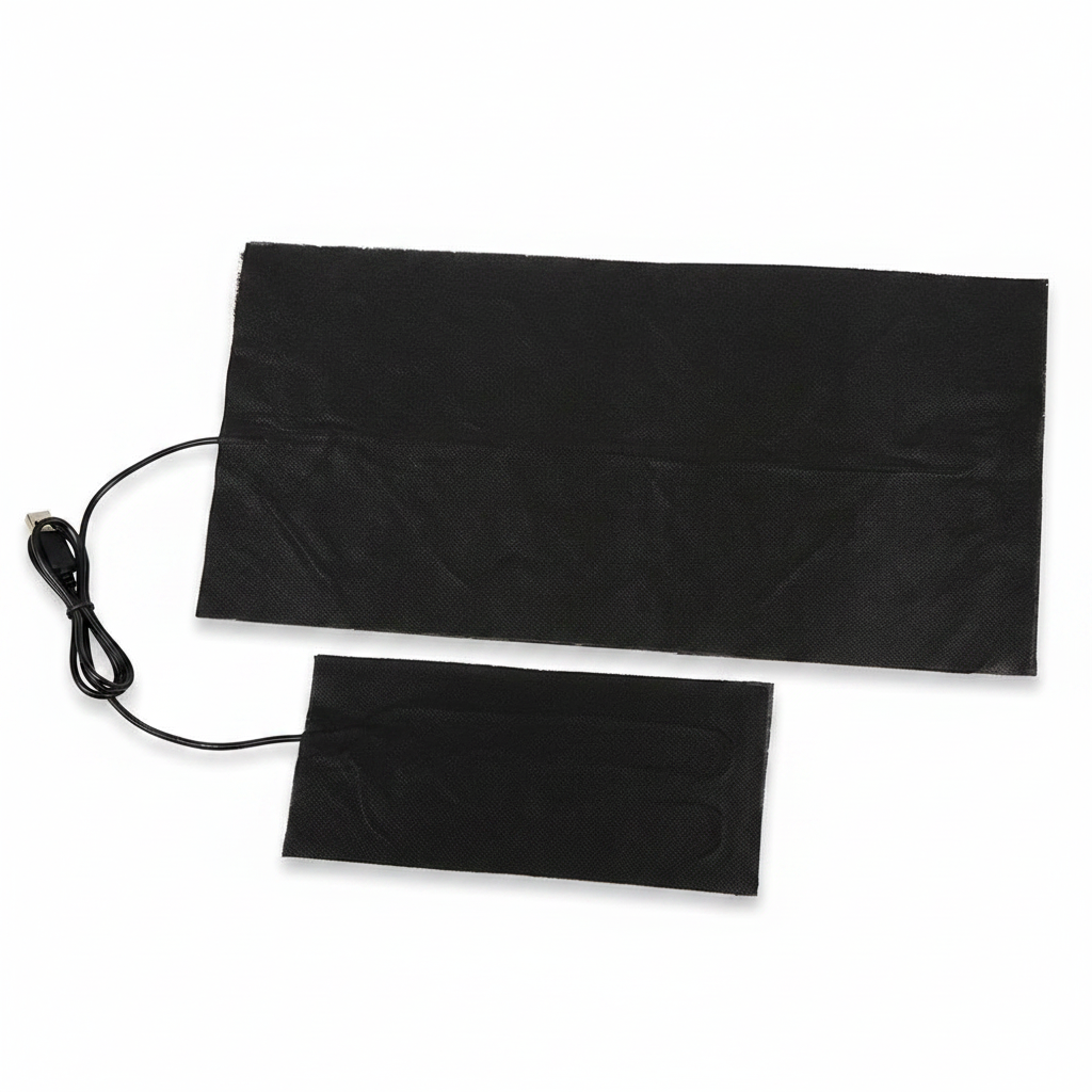 Set of two dark USB heating pads with attached power cable