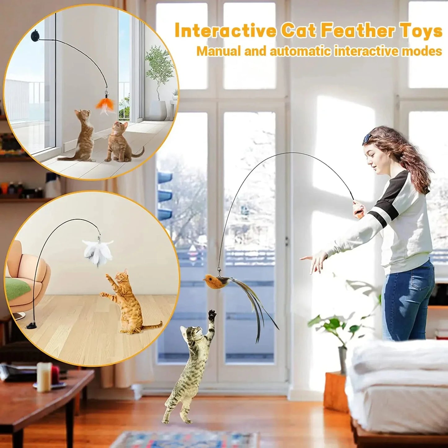 Petssify Simulated Bird Cat Toy – Suction Cup Feather Teaser with Steel Wire Rod
