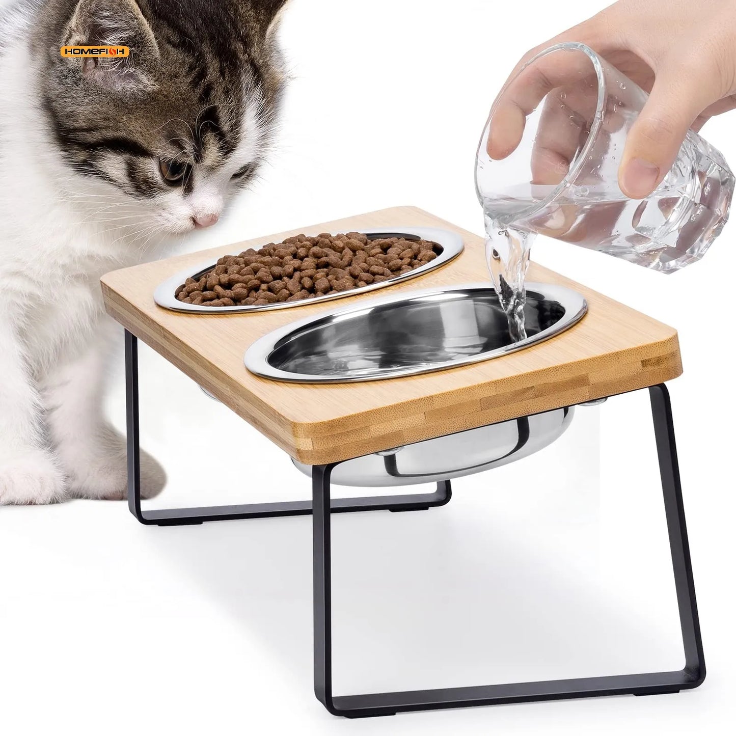 Elevated Cat Bowl Pet Feeder 15° Tilted Raised Cat Food Bowl with Wooden Base Includes 2 Stainless Steel Bowls Suitable for Cats