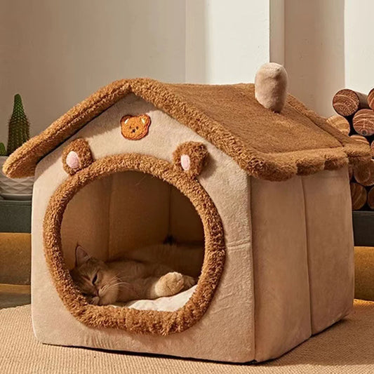 1PC Warm Winter Four Season Universal Enclosed Pet Bed, Wrapped Cat Bed, Dog Bed, Brown Teddy Bear Style Bed