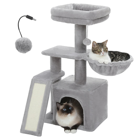 Small Cat Tree Tower | Natural Sisal Scratching Post | Top Perch & Private Condo | Perfect for Indoor Cats