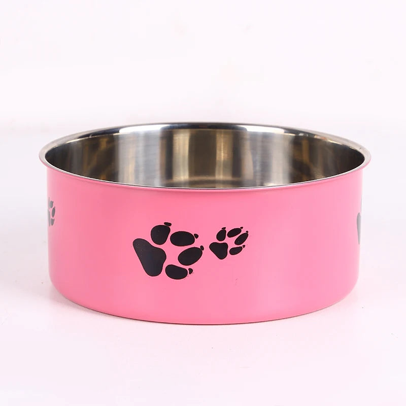 A cartoon-patterned pet bowl, easy to clean, made of stainless steel, suitable for both outdoor and indoor pet owners.