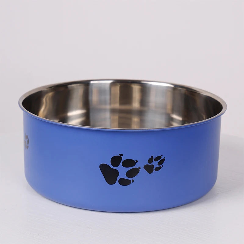 A cartoon-patterned pet bowl, easy to clean, made of stainless steel, suitable for both outdoor and indoor pet owners.