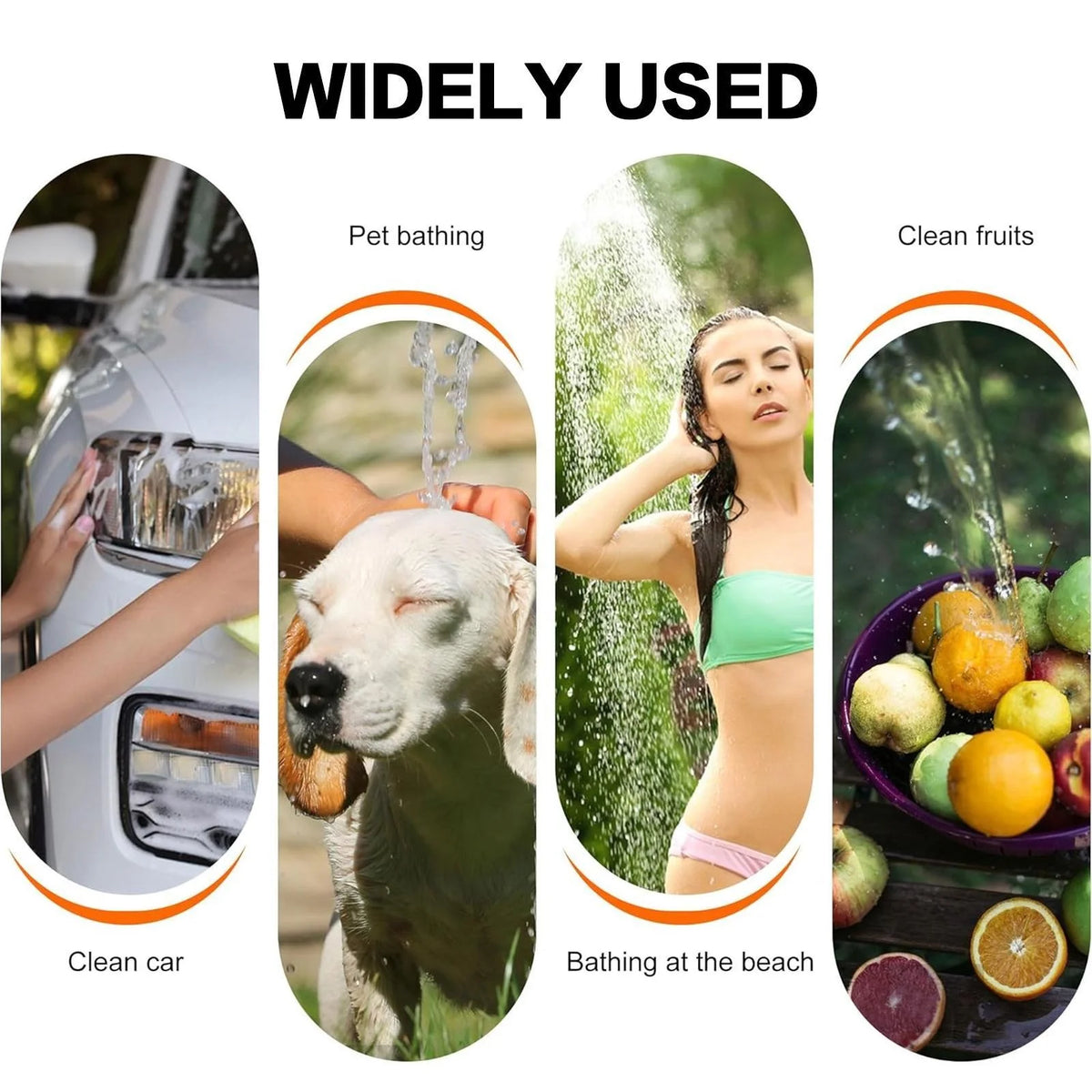 Portable pet bath sprayer with handheld nozzle and hose, shown for outdoor washing uses.
