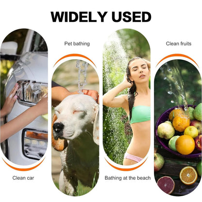 Portable pet bath sprayer with handheld nozzle and hose, shown for outdoor washing uses.