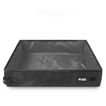 Folding travel pet litter box with dark gray waterproof interior and black outer shell