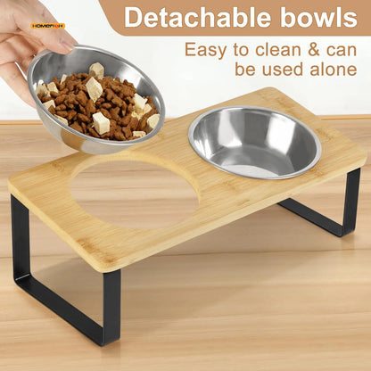 Elevated Cat Bowl Pet Feeder 15° Tilted Raised Cat Food Bowl with Wooden Base Includes 2 Stainless Steel Bowls Suitable for Cats