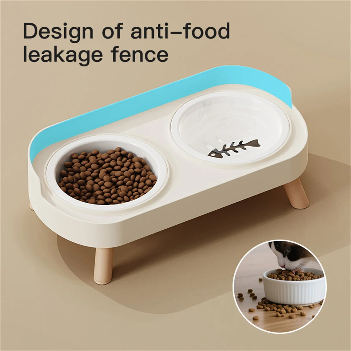 Pet cat double bowl feeder, adjustable height cat and dog water dispenser, elevate feeding kitten supplies