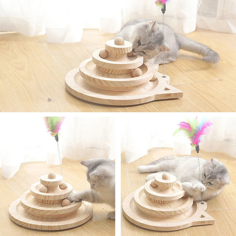 Petssify Wooden 3-Level Interactive Cat Track Tower with Balls