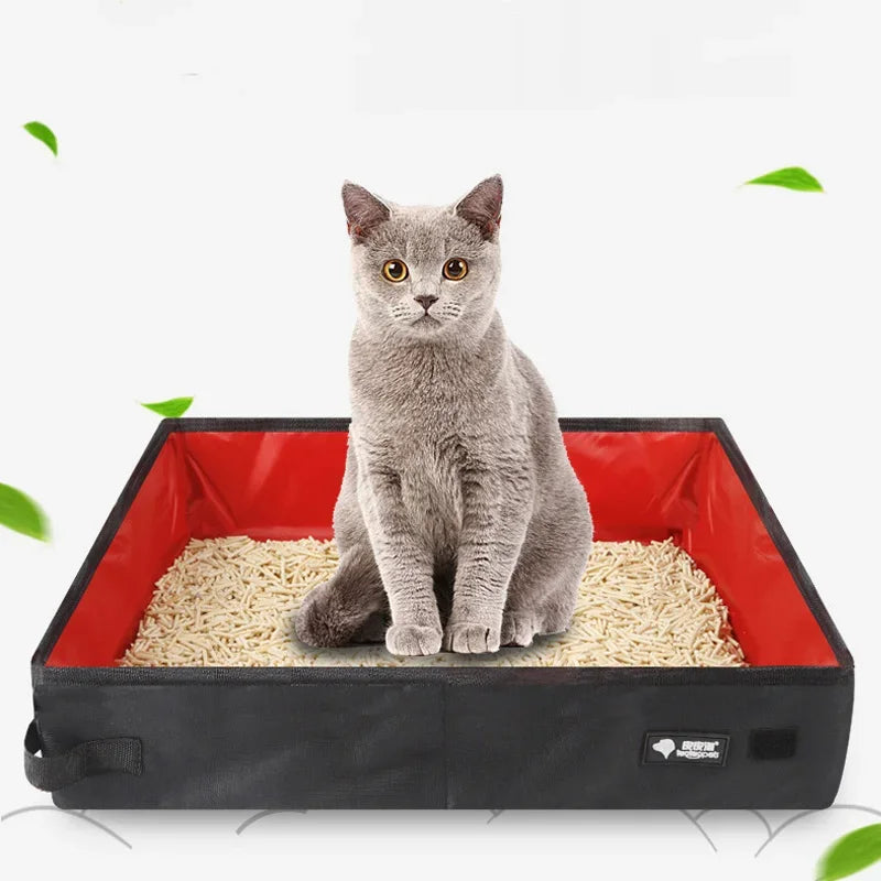 Folding travel litter box with red waterproof liner, black sides, used by a cat