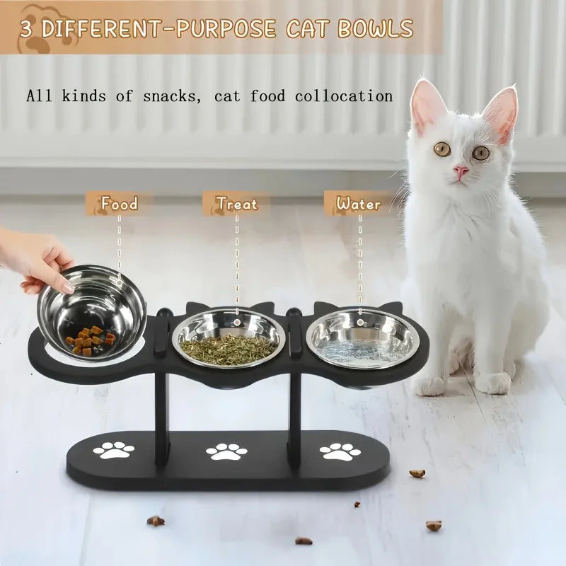 Elevated Cat Food Bowl with Wooden Support Frame & Stainless Steel Cat Bowl Adjustable 15° Angle Stand Sloped Pet Food Bowl