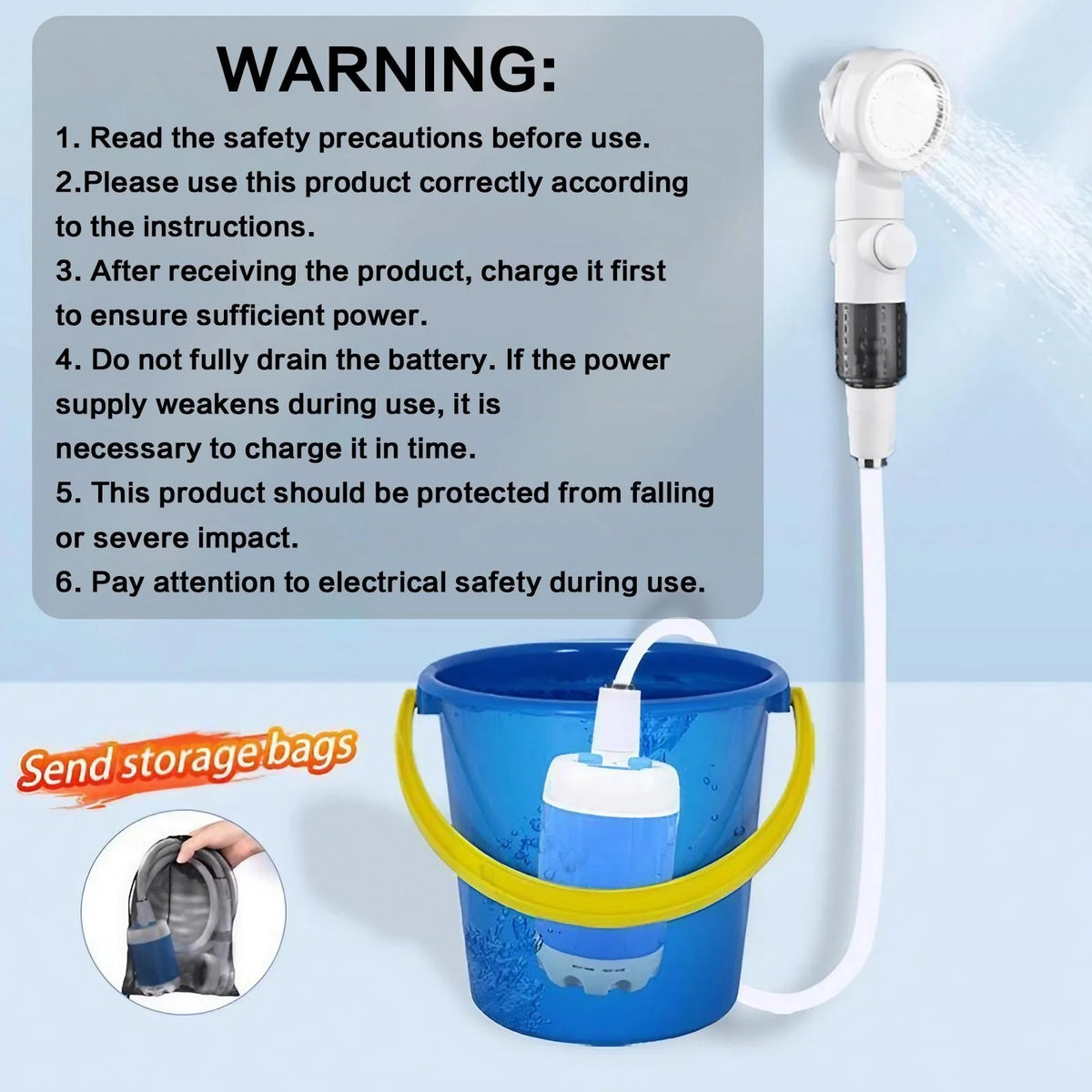 Portable pet bath sprayer with blue bucket base, white hose, and included storage bag.
