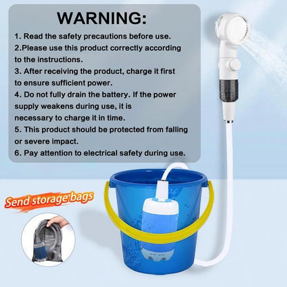 Portable pet bath sprayer with blue bucket base, white hose, and included storage bag.
