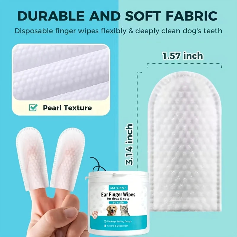 Disposable finger wipes with pearl-texture pad and tub, shown with size guide