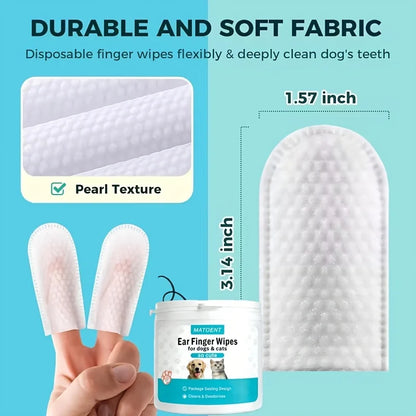 Disposable finger wipes with pearl-texture pad and tub, shown with size guide