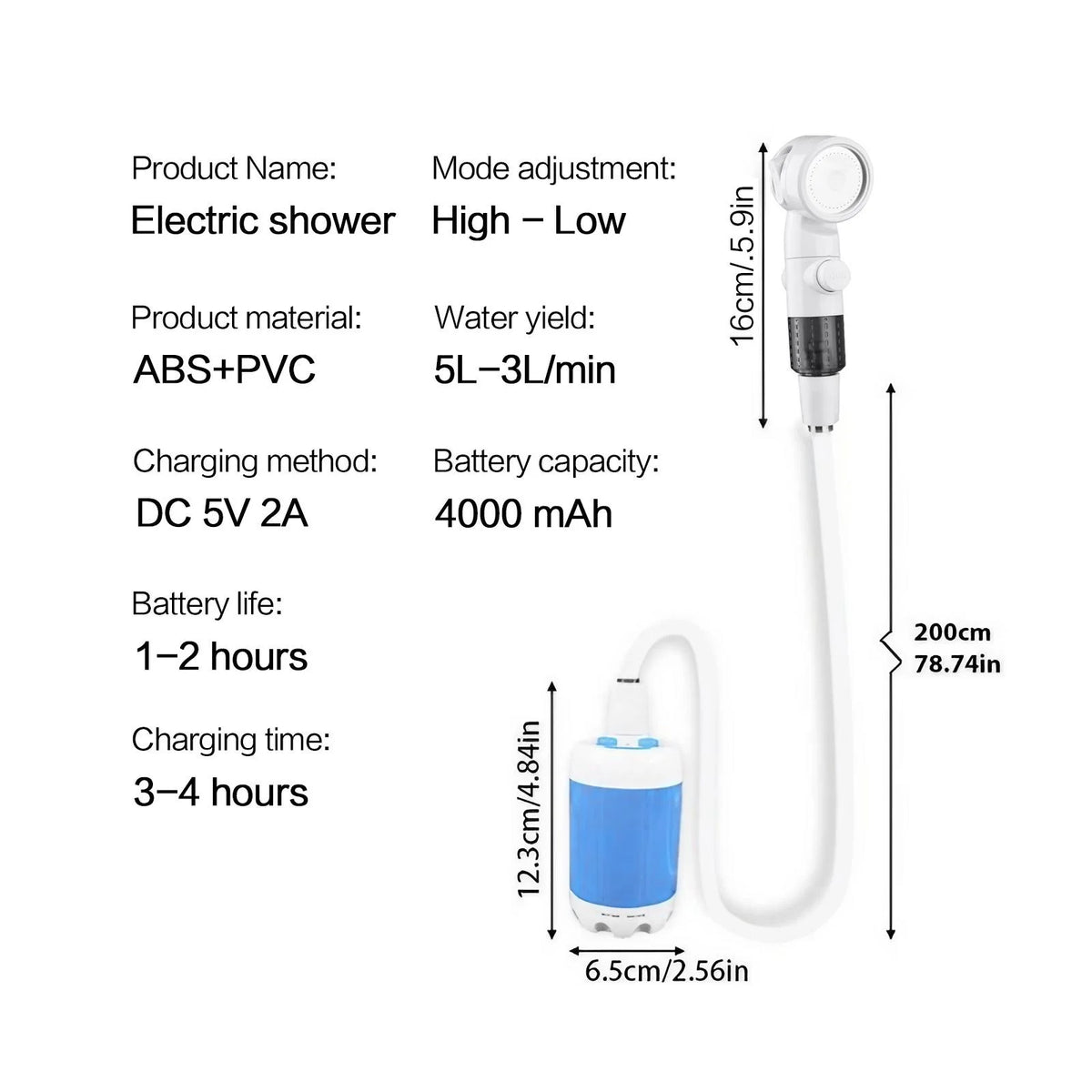 Rechargeable electric pet shower sprayer with blue water tank and white extendable hose.
