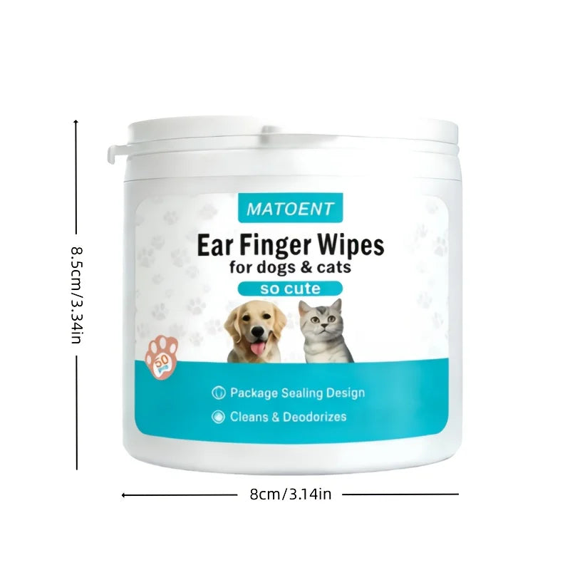 Pet ear finger wipes tub on white background with height and width measurements
