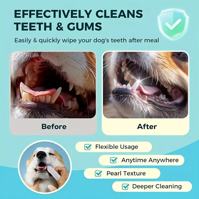 Dog teeth cleaning wipe before and after panels with fingertip wipe in use