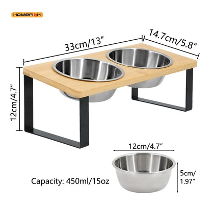Elevated Cat Bowl Pet Feeder 15° Tilted Raised Cat Food Bowl with Wooden Base Includes 2 Stainless Steel Bowls Suitable for Cats