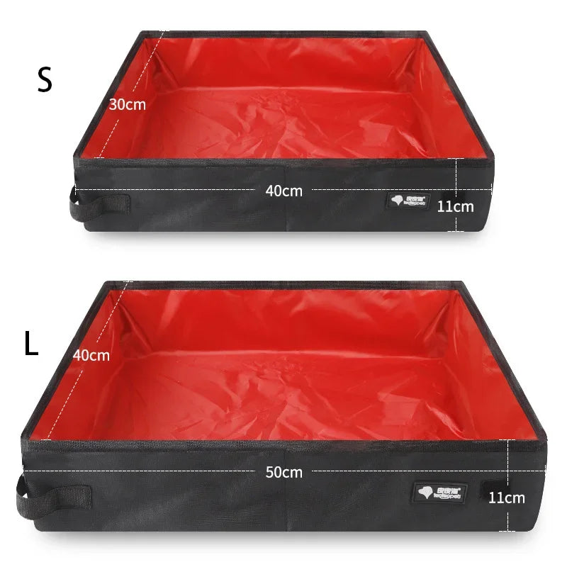 Folding litter box size chart: S 40x30cm, L 50x40cm, 11cm depth