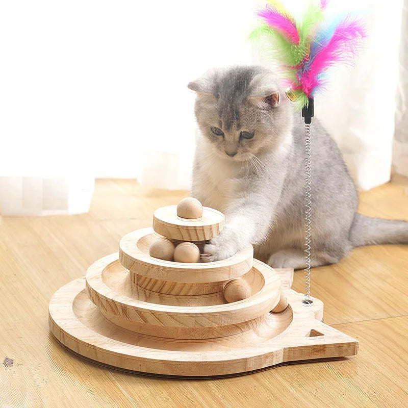 Petssify Wooden 3-Level Interactive Cat Track Tower with Balls