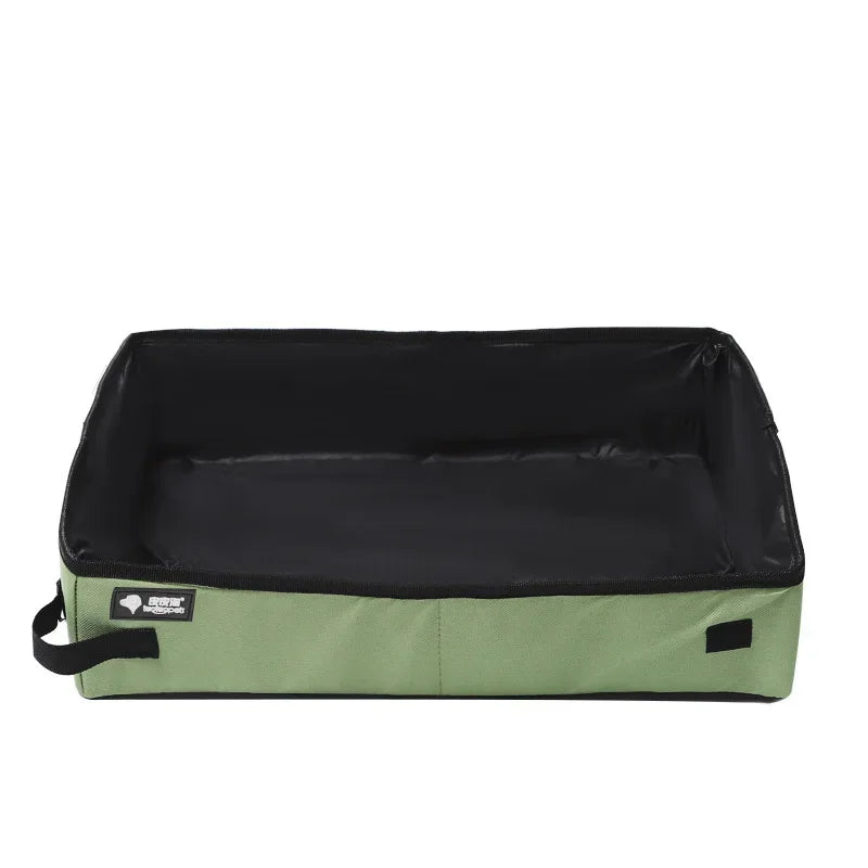 Portable folding pet litter box with black interior and olive green outer base