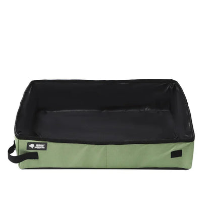 Portable folding pet litter box with black interior and olive green outer base