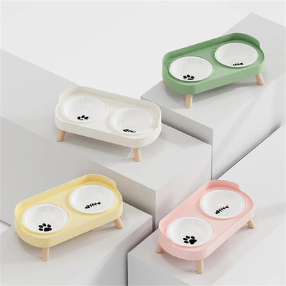 Pet cat double bowl feeder, adjustable height cat and dog water dispenser, elevate feeding kitten supplies