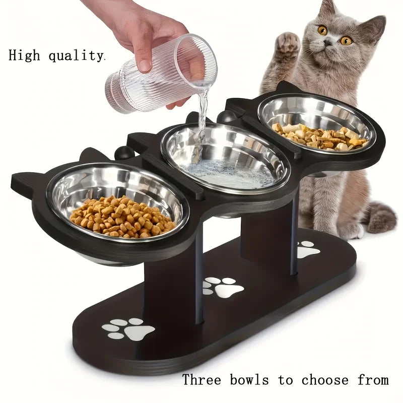 Elevated Cat Food Bowl with Wooden Support Frame & Stainless Steel Cat Bowl Adjustable 15° Angle Stand Sloped Pet Food Bowl