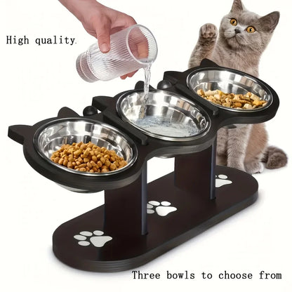 Elevated Cat Food Bowl with Wooden Support Frame & Stainless Steel Cat Bowl Adjustable 15° Angle Stand Sloped Pet Food Bowl