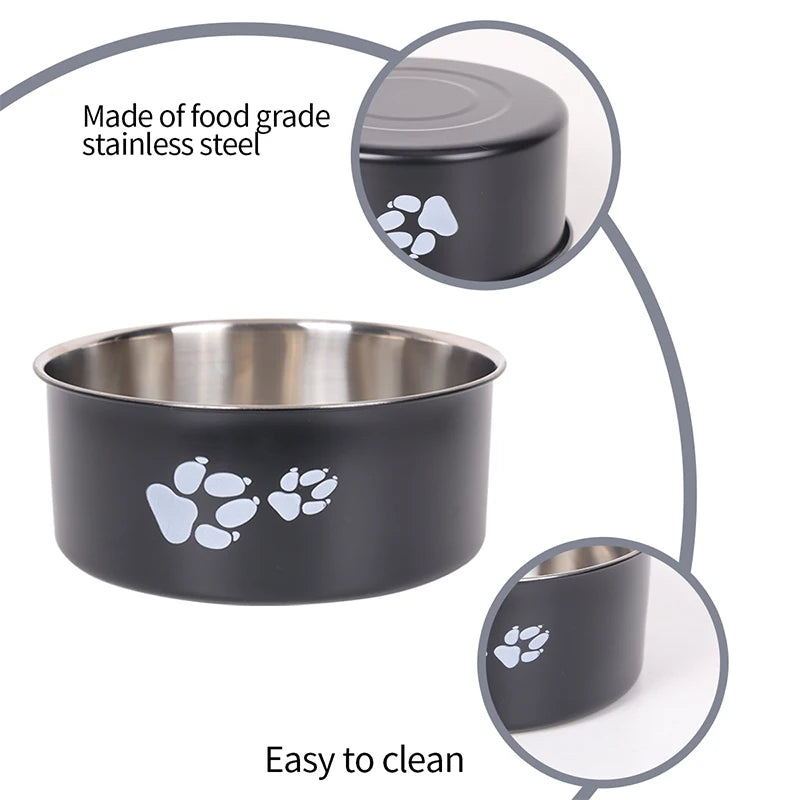 A cartoon-patterned pet bowl, easy to clean, made of stainless steel, suitable for both outdoor and indoor pet owners.