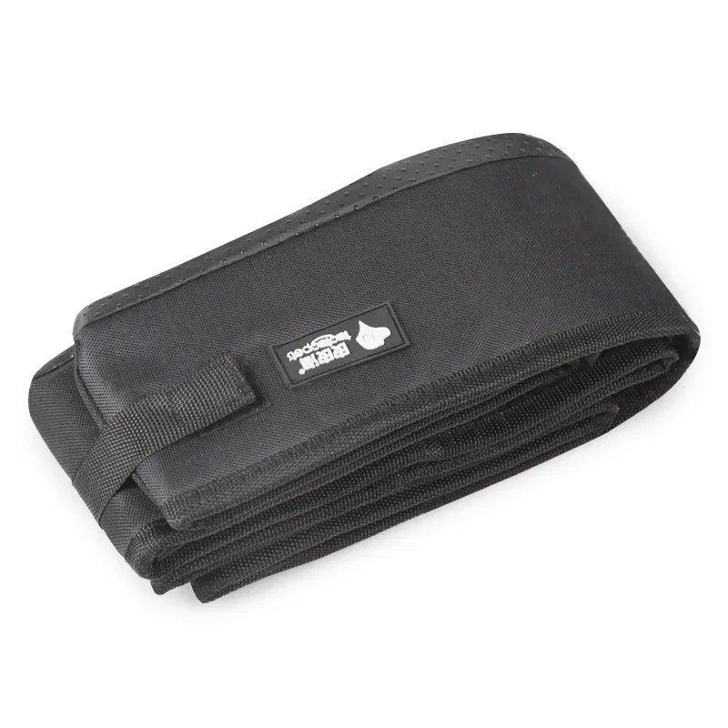 Folded travel litter box storage bag, dark gray fabric with handle strap