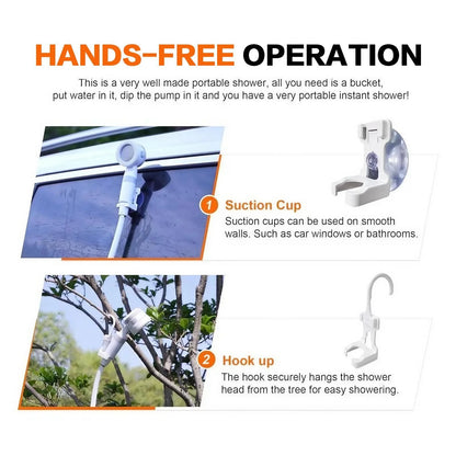 Portable shower sprayer with suction cup mount and hook, white handheld head and hose.