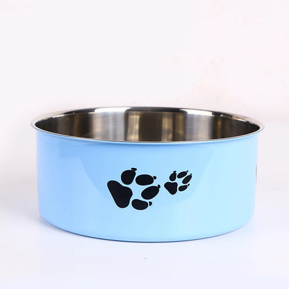 A cartoon-patterned pet bowl, easy to clean, made of stainless steel, suitable for both outdoor and indoor pet owners.