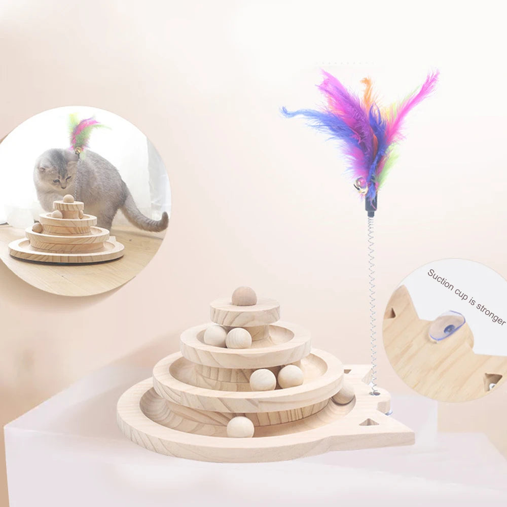 Petssify Wooden 3-Level Interactive Cat Track Tower with Balls