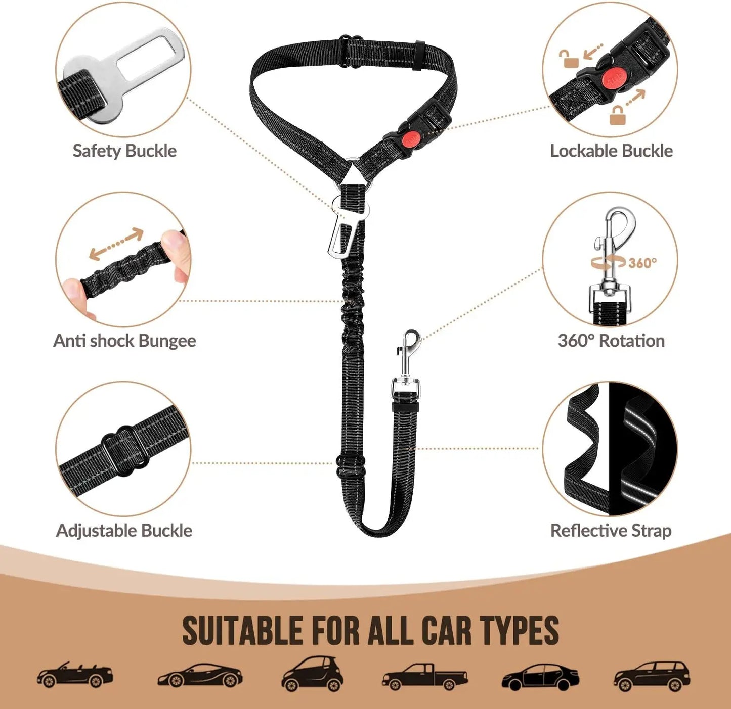 Petssify Dog Seat Belt – Adjustable Car Safety Tether with Bungee Buffer