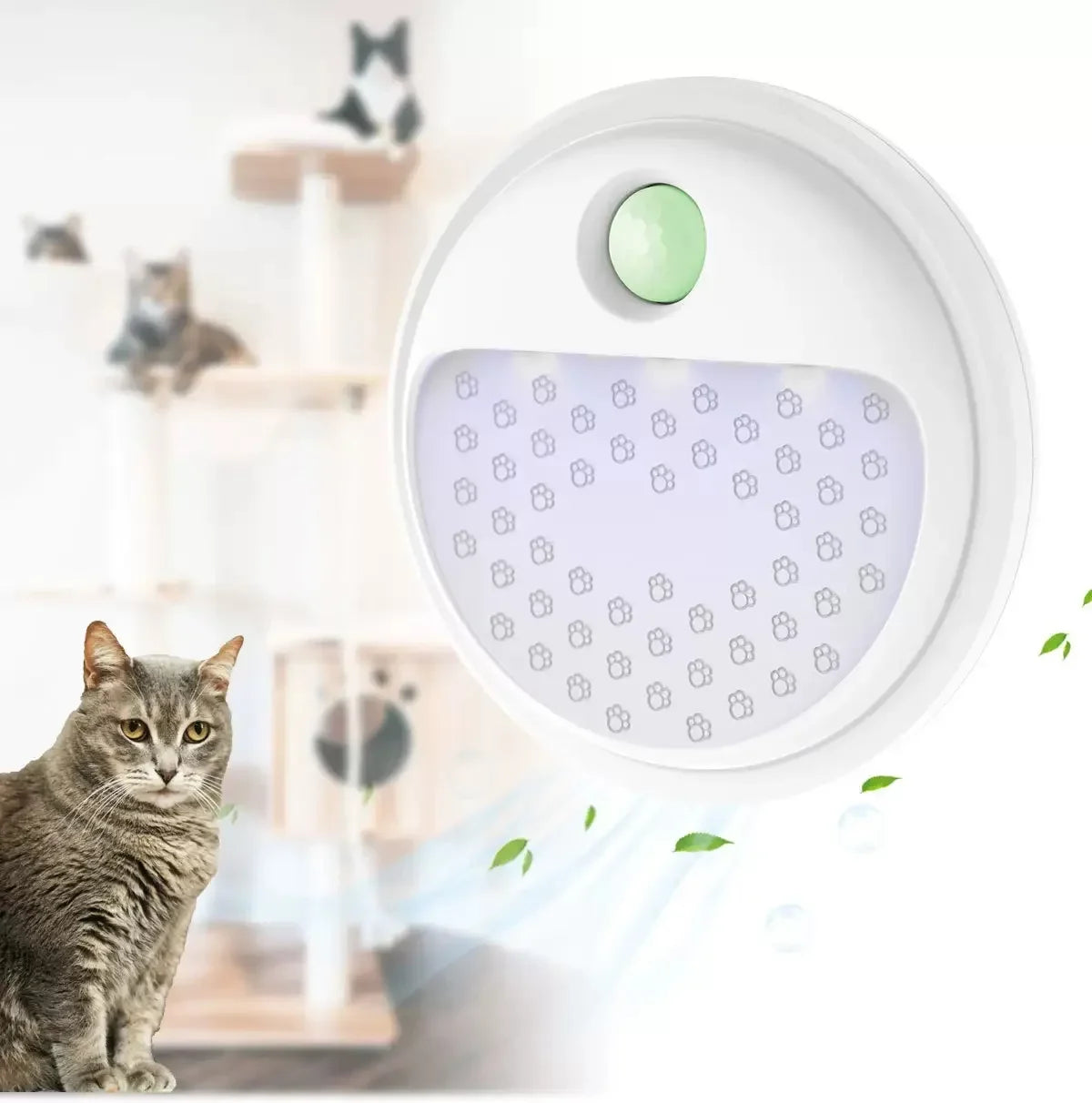 Close-up ozone & UV air purifier, round white housing with green button and purple light