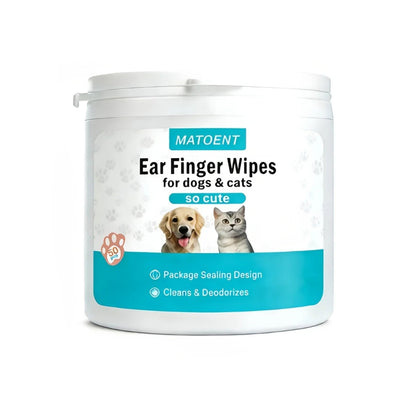 Pet ear finger wipes tub for dogs and cats, white container with teal label