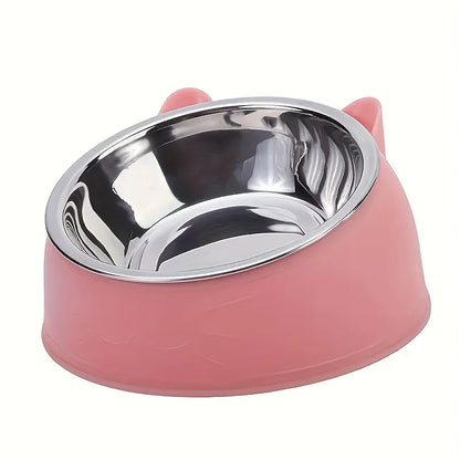 1pc Elevated Stainless Steel Cat Bowl, Inclined Food & Water Dish with Cute Ear Stand, Neck Protection Design for Cats