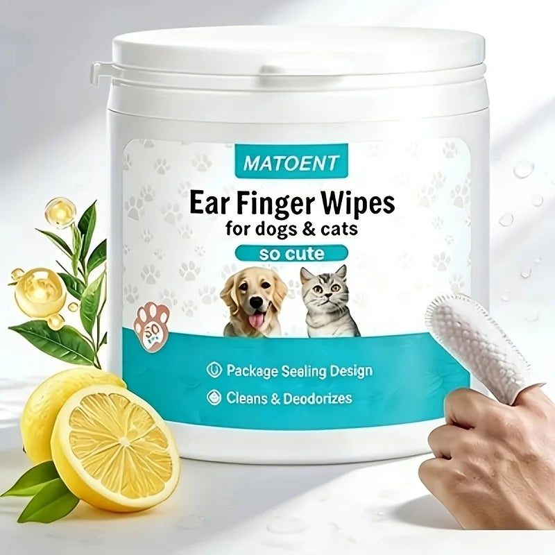 Pet ear finger wipes tub with teal label and a white fingertip wipe pad