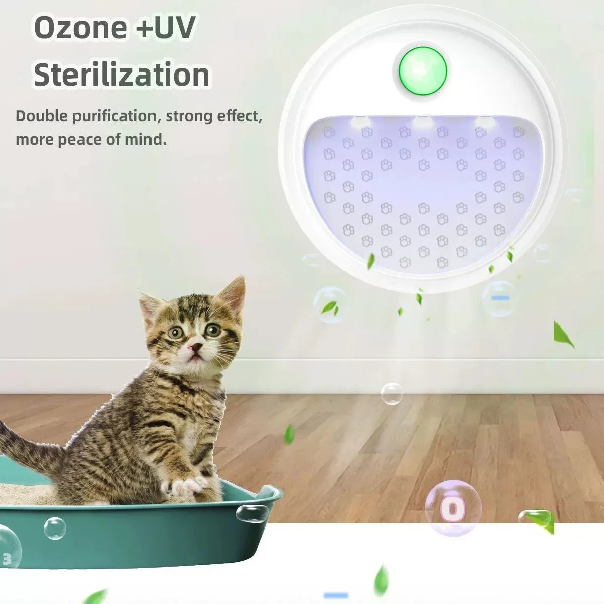 Ozone + UV air purifier unit, round white face with green button and purple glow