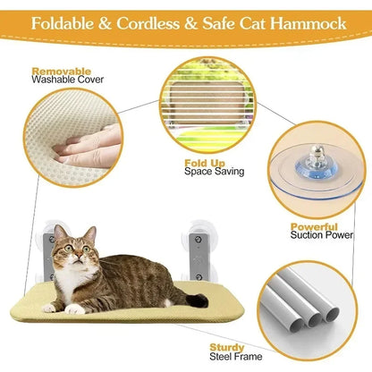 Cordless Cat Hammock for Sunbathing Hanging Cat Bed Summer Suction Cup Glass Mounted Foldable Breathable Cat Bed Frame Supplies