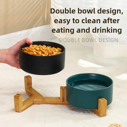 Ceramic Pet Bowl Dish With Wood Stand No Spill Pet Ceramic Double Bowl For Dog Cat Food Water Feeder Cats Small Dogs Pet bowl
